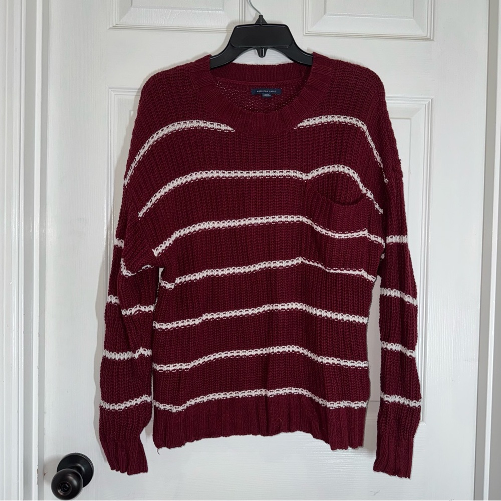 M157 American Eagle Outfitters Dark Red Burgundy Knit Sweater with White Stripes - Picture 2 of 13